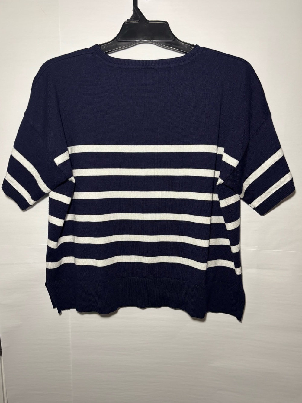 Bobeau XL Navy White Striped Short Sleeve Knit Sweater Top